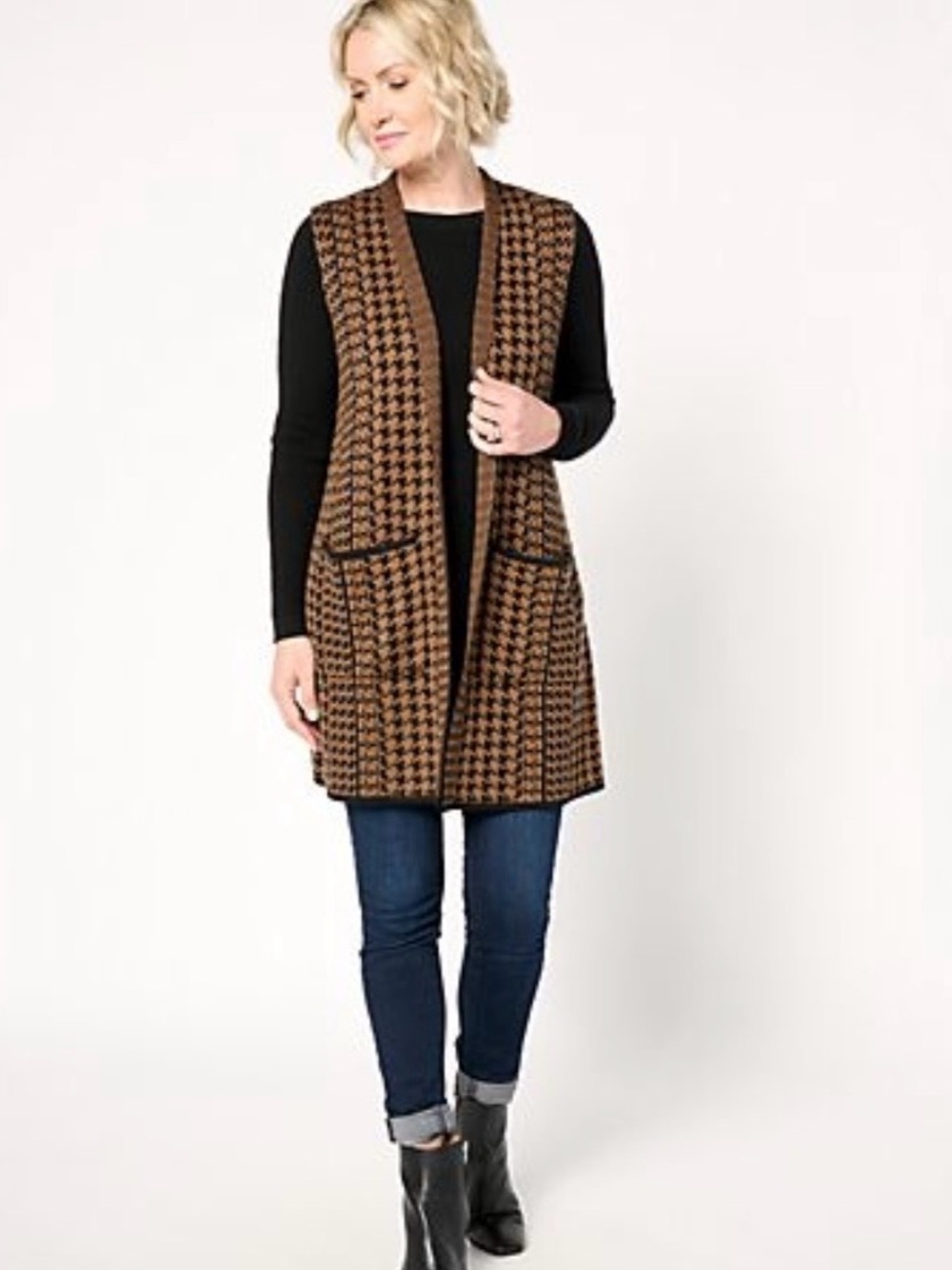 Like New Susan Graver Brown & Black Houndstooth Knit OpenFront Long Sweater Vest